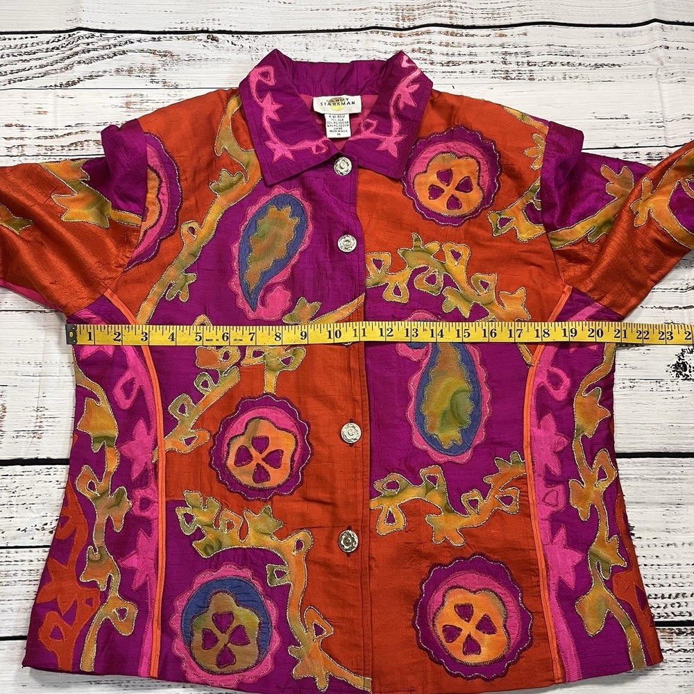 Vtg Sandy Starkman Women's M Boho Pink Neon Bright Silk Blend Embroidered Jacket - Picture 7 of 10